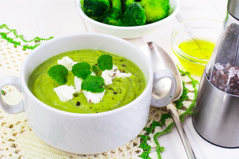 Vegetarian Broccoli Puree Soup with Mint Stock Photo - Image of ...