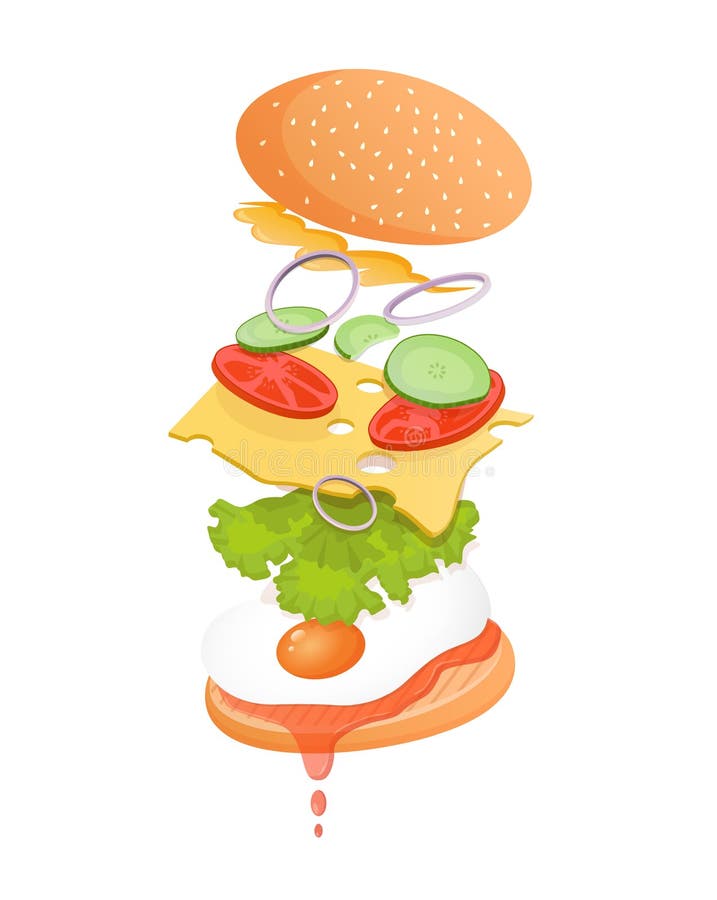 Vegetarian Burger with Flying Ingredients Such As Egg, Ketchup, Lettuce ...