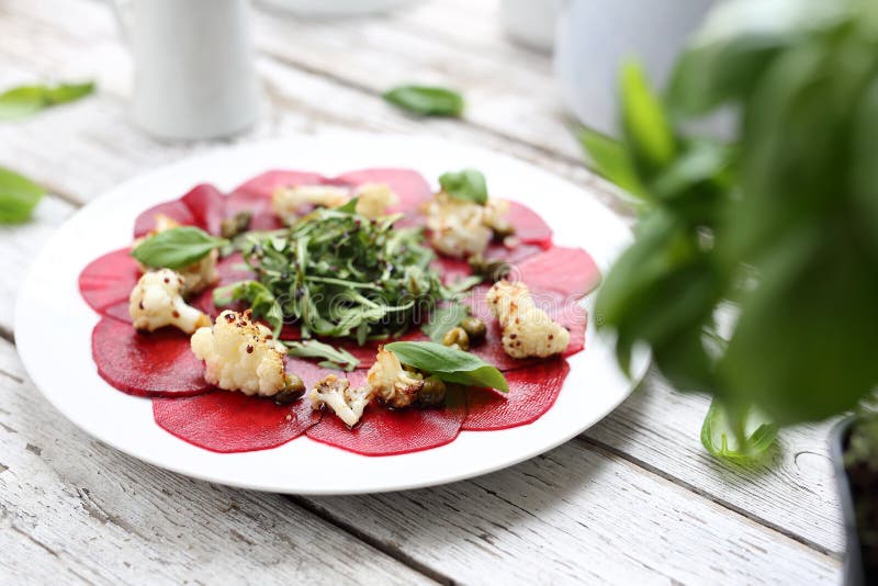 Vegetarian Carpaccio of Roasted Beetroot with Cauliflower and Green
