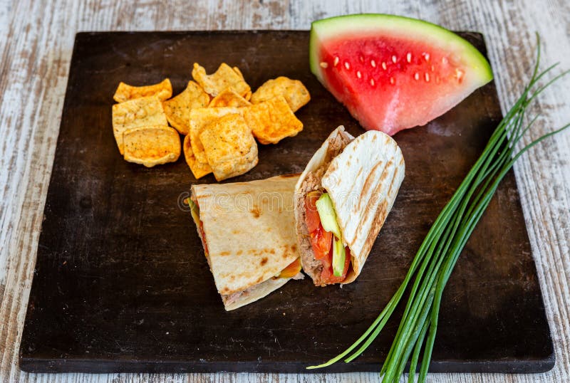 Vegetarian Dish Quesadilla De Tuna Tomato and Avocado. Closeup. Stock