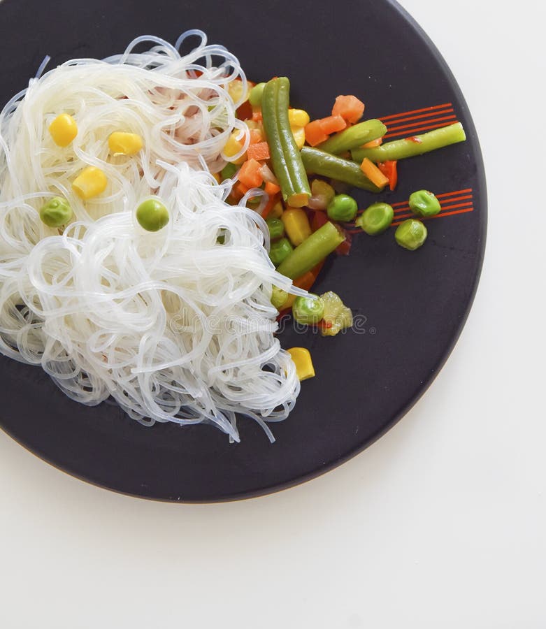 Vegetarian Dish Rice Noodles with Vegetables Stock Photo - Image of