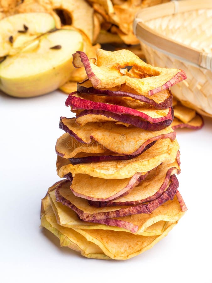 Vegetarian Dries Apples Tower, Dehydrated Healthy Snack Chips Stock