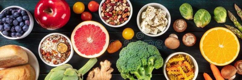 Vegetarian Food Panorama. Healthy Organic Products, Shot from the Top on a Dark Background Stock Photo - Image of flat, broccoli: 202769066 Vegetarian Food Panorama. Healthy Organic Products, Shot from the Top on a Dark Background Stock Photo - Image of flat, broccoli: 202769066