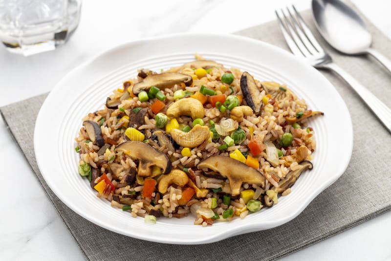Vegetarian Fried Brown Rice with Cashew, Shiitake Mushrooms and