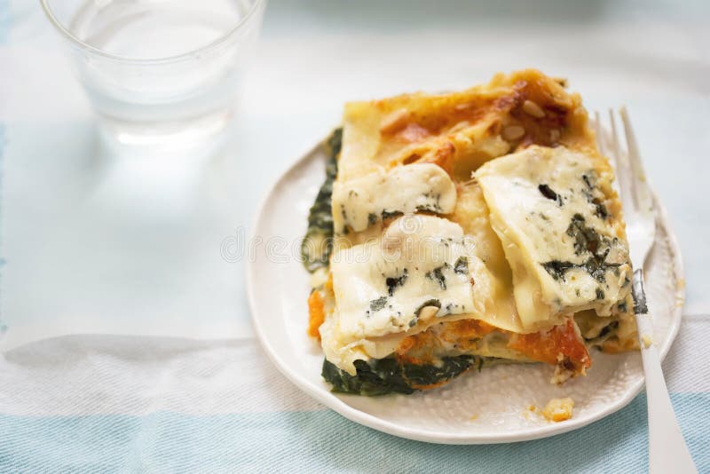 Vegetarian Lasagne with Pumpkin, Spinach, Three Cheese Stock Photo