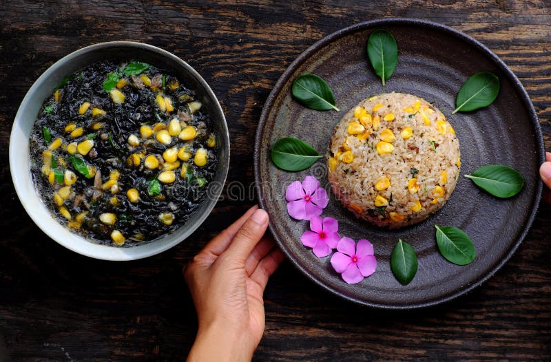Vegetarian meal for lunch, fried rice dish and vegan seaweed soup, Vietnamese healthy food stock photography Vegetarian meal for lunch, fried rice dish and vegan seaweed soup, Vietnamese healthy food stock photography