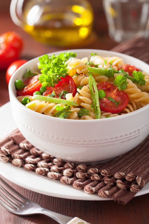 Vegetarian Pasta Fusilli with Tomato Peas Herbs Stock Photo Image of