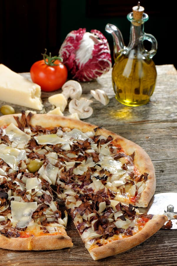 Vegetarian Pizza with Hard Cheese and Chicory Stock Photo Image of