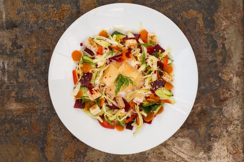 Vegetarian Salad with Vegetables and Cheese Crisps. Old Table. Top View