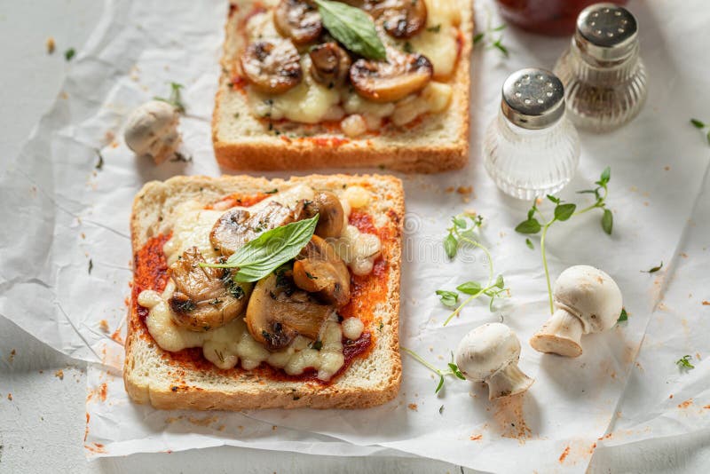 Vegetarian Toast with Mushrooms, Basil and Cheese Stock Photo Image