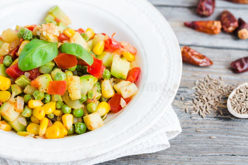 Vegetarian Vegetable Stew with Peas and Corn, Curry, Healthy Din Stock