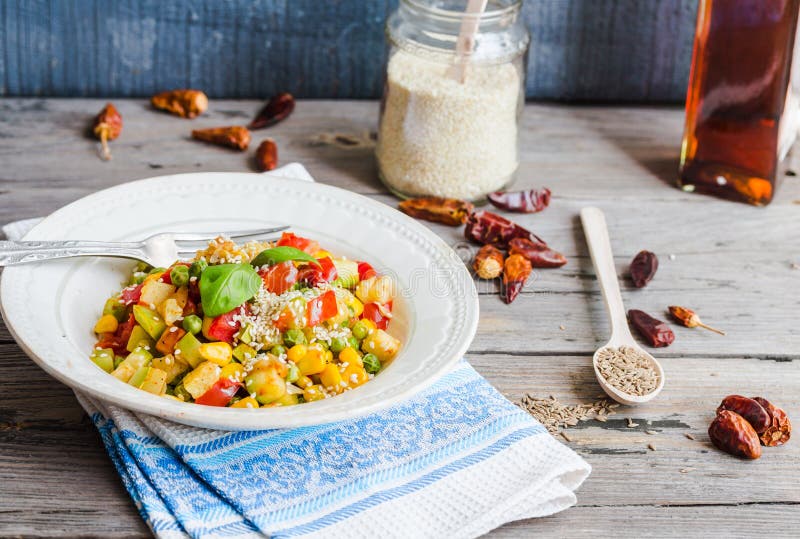 Vegetarian Vegetable Stew with Peas and Corn, Curry, Healthy Din Stock