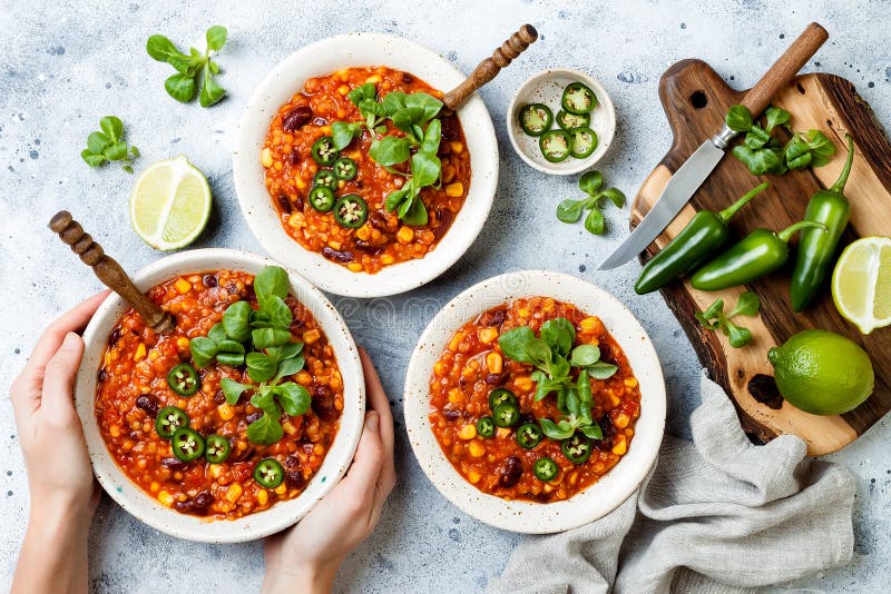 Vegetariano chili con carne con le lenticchie, fagioli, calce, jalapeno Piatto tradizionale messicano fotografia stock libera da diritti Vegetariano chili con carne con le lenticchie, fagioli, calce, jalapeno Piatto tradizionale messicano fotografia stock libera da diritti