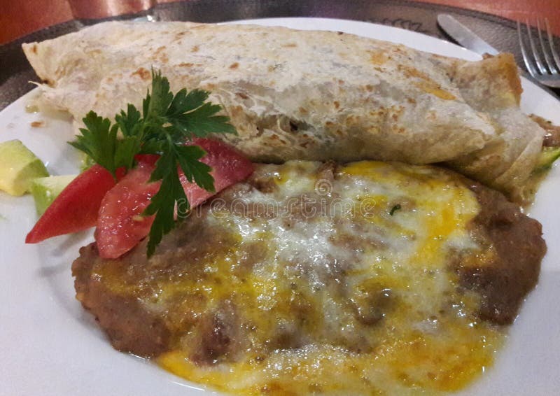 Vegetarisk mat för autentisk mexicansk restaurang med bönor och ost - en typisk BurritoFrijoles Queso matställe i Mexico fotografering för bildbyråer Vegetarisk mat för autentisk mexicansk restaurang med bönor och ost - en typisk BurritoFrijoles Queso matställe i Mexico fotografering för bildbyråer
