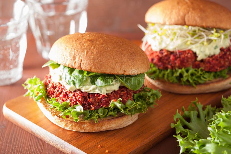 Veggie Beet and Quinoa Burger with Avocado Dressing Stock Photo Image
