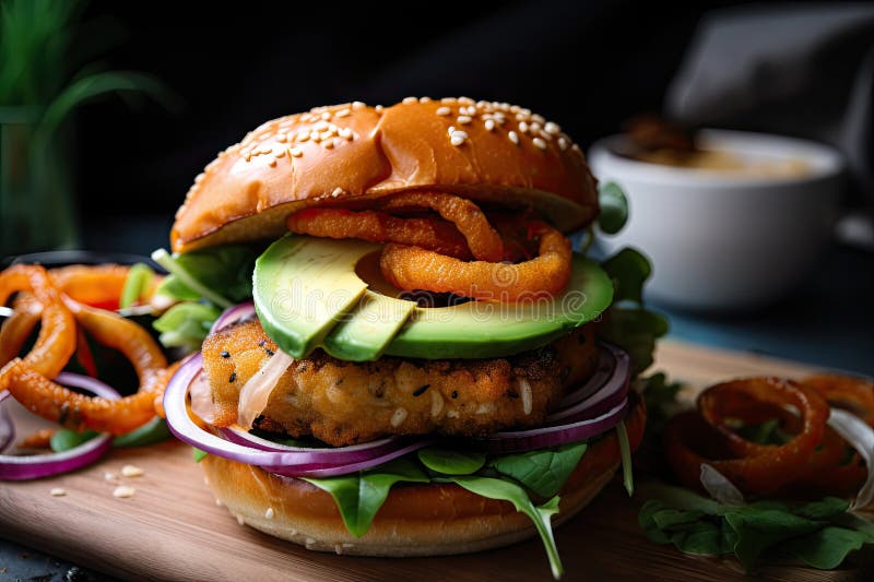 Veggie Burger Topped with Avocado Slices and Crispy Onion Rings on
