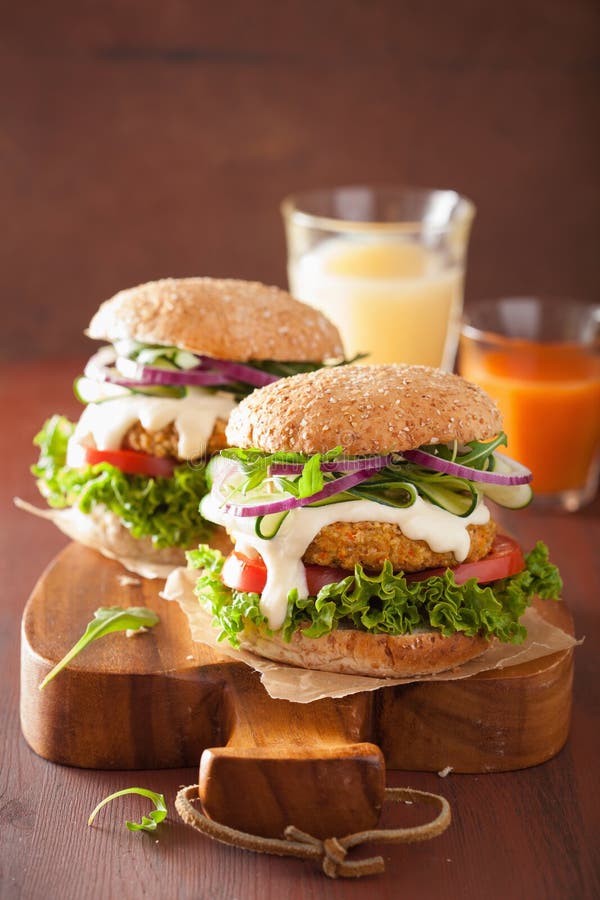 Veggie Carrot and Oats Burger with Cucumber Onion Stock Photo Image