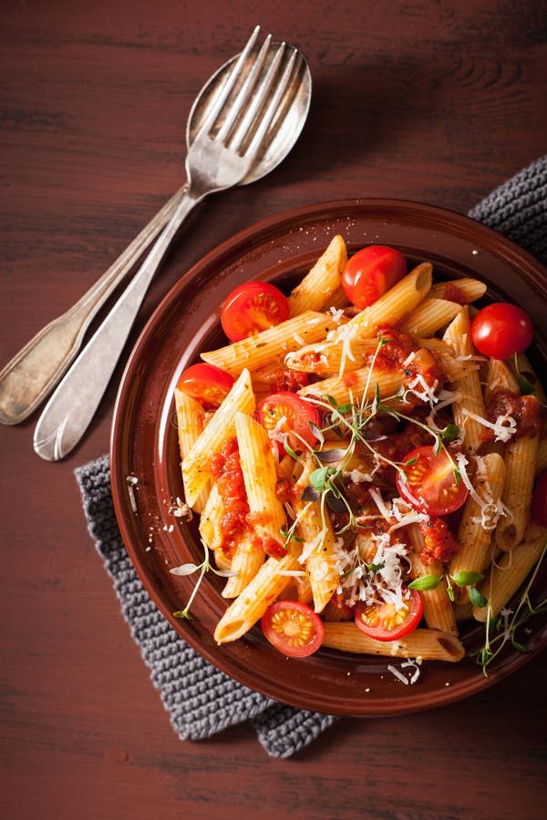 Veggie Penne Pasta with Tomatoes Parmesan Thyme Stock Image - Image of ...