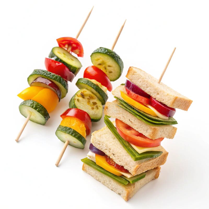 Veggie sandwiches on wooden skewers isolated on white background vector illustration