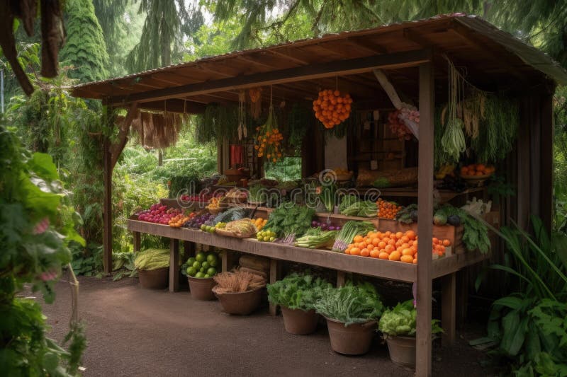 Veggie Stand Surrounded by Lush Greenery, with Fruit Hanging Overhead
