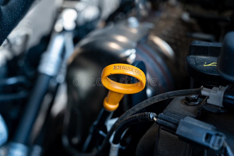 Vehicle Engine with the Yellow Oil Dipstick Stock Photo Image of technician, industry 236853870