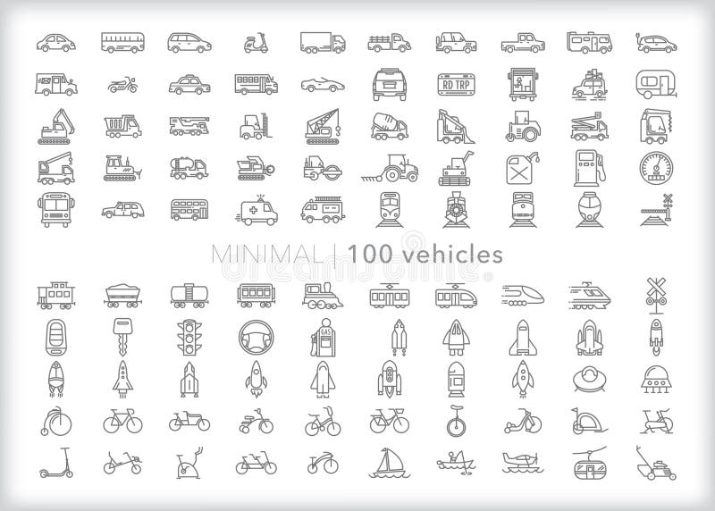 100 Vehicle icons of transportation for commuting, driving, construction, and other forms of getting around on streets or water. 100 Vehicle icons of transportation for commuting, driving, construction, and other forms of getting around on streets or water