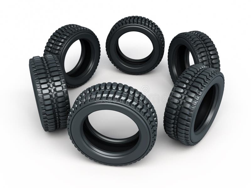 3d render Vehicle perspective tires stacked (isolated on white and clipping path). Stack vehicle illustrations