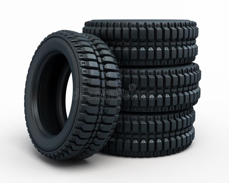 Vehicle tires collected (3d rendering, on white and clipping path). Stack vehicle illustrations