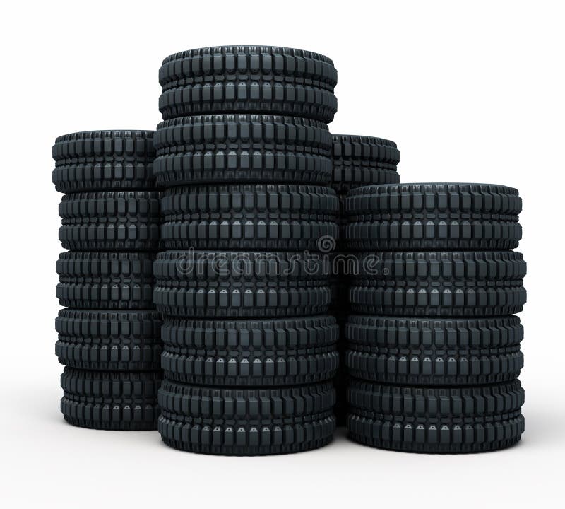 Vehicle tires stacked perspective (3d rendering, isolated on white and clipping path). Stack vehicle illustrations