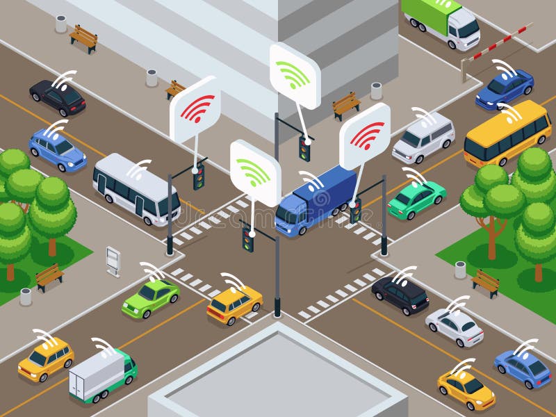 Vehicule cu senzor infraroșu. ilustrarea vectorului traficului urban cu vehicule inteligente fără pilot vector illustration