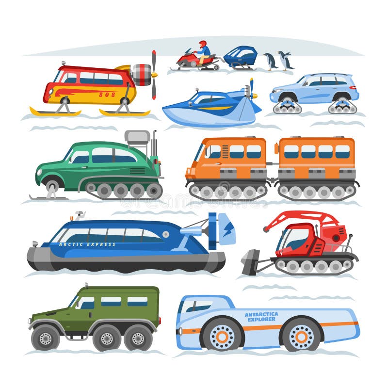 Vehículo del invierno del vector del camión de la nieve o sistema snowmobiling del transporte y nevoso del transporte del ejemplo ilustración del vector Vehículo del invierno del vector del camión de la nieve o sistema snowmobiling del transporte y nevoso del transporte del ejemplo ilustración del vector