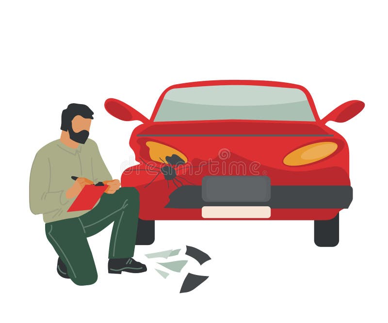 Insurance agent or car crash inspector expertise vehicle after road accident. Automobile damage inspection and registration. Cars diagnostics and service of roadside assistance. Vector illustration. Insurance agent or car crash inspector expertise vehicle after road accident. Automobile damage inspection and registration. Cars diagnostics and service of roadside assistance. Vector illustration.