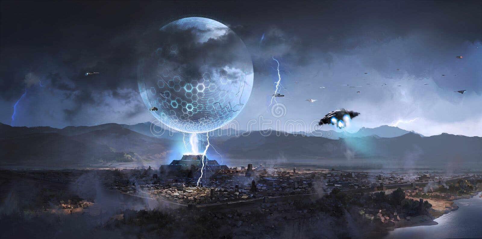 Veicoli spaziali alieni sono apparsi su città antiche, illustrazione di fantascienza Veicoli spaziali alieni sono apparsi su città antiche, illustrazione di fantascienza