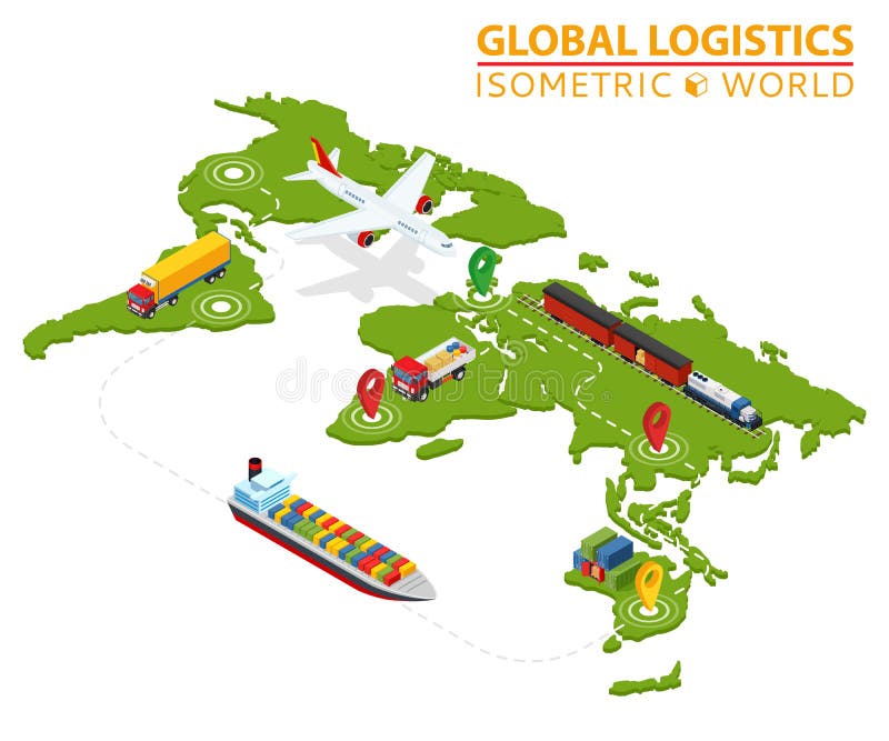 Veicolo isometrico logistico globale Infographic Camion Van Logistics Service del carico della nave Catena di importazioni-esport illustrazione vettoriale