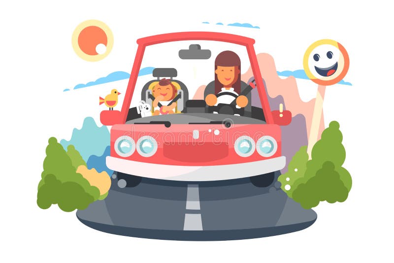 Veilige drijfmoeder met de autoreis van babykinderen stock illustratie Veilige drijfmoeder met de autoreis van babykinderen stock illustratie