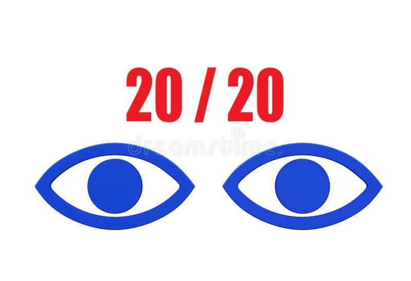 A computer generated illustration image of twenty twenty hindsight - A pair of blue eyes and the numbers 20 / 20 against a white backdrop. A computer generated illustration image of twenty twenty hindsight - A pair of blue eyes and the numbers 20 / 20 against a white backdrop.