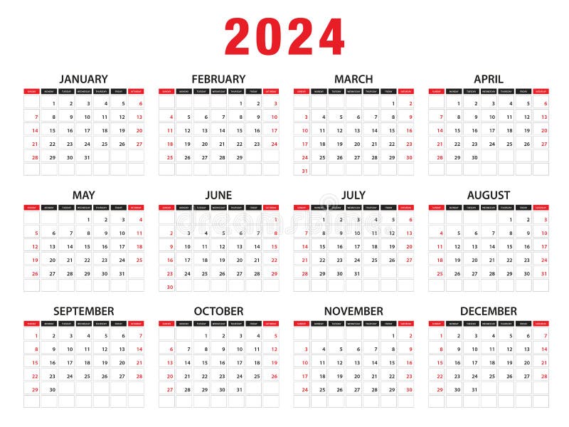 VektorAbbildung 2024 Im Kalenderjahr. Woche Beginnt am Sonntag
