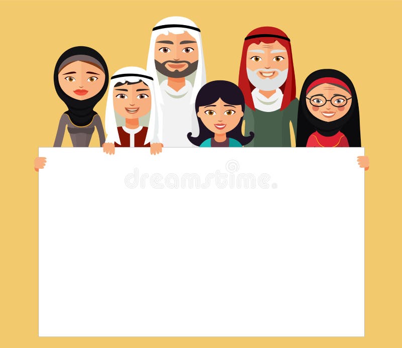 Vektor - arabisk familj, muslimfolk, saudiertecknad filmman och kvinna Muslimsk familj med tecknet stock illustrationer Vektor - arabisk familj, muslimfolk, saudiertecknad filmman och kvinna Muslimsk familj med tecknet stock illustrationer