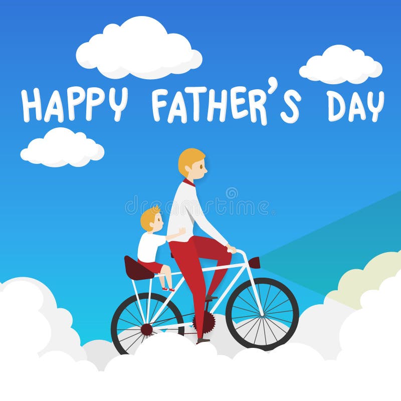 Vektor av det lyckliga faders kortet för hälsning för dag fader som cyklar cykeln med hans sonritt på en passagerarsadel som ride