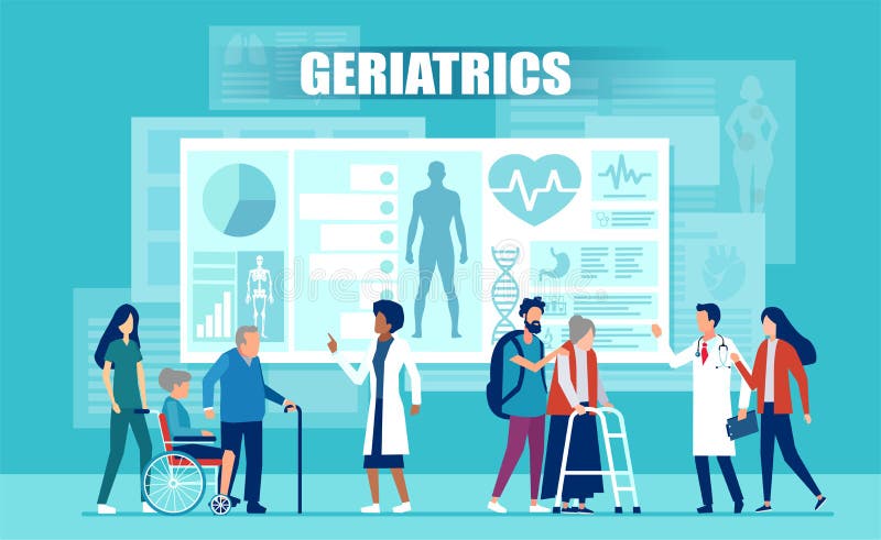 Vektor av det medicinska laget som hjälper äldre patienter med handikapp genom att använda medicinska apps och modern teknologi royaltyfri illustrationer Vektor av det medicinska laget som hjälper äldre patienter med handikapp genom att använda medicinska apps och modern teknologi royaltyfri illustrationer