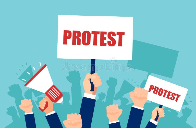 Vektor av åtskilliga händer som rymmer protesttecken och megafonen, folkmassa av folk som är ilsket med politik vektor illustrationer Vektor av åtskilliga händer som rymmer protesttecken och megafonen, folkmassa av folk som är ilsket med politik vektor illustrationer