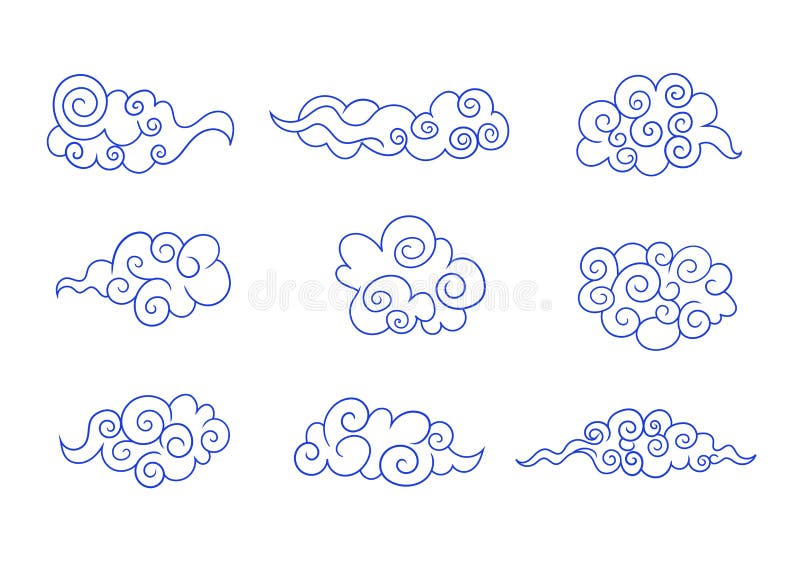 Vector Chinese Clouds Set, Icons Collection Isolated on White Background, Blue Outline Drawings. Vector Chinese Clouds Set, Icons Collection Isolated on White Background, Blue Outline Drawings.