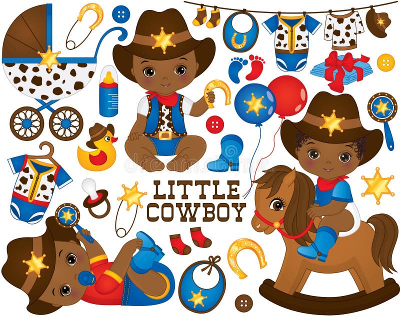 Vektor-Cowboy Set Satz umfasst die netten kleinen Afroamerikaner-Babys, die als kleine Cowboys gekleidet werden