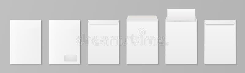 Vektor 3d realistisk blankpropp för vitt papper med isolerat bladet och fönster. a4 c5 c6 a6 c6 a5 c5 storlek vektor illustrationer