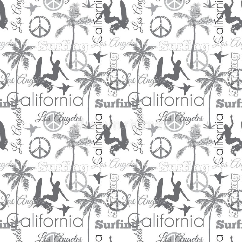 Vektor, der Kalifornien Gray Seamless Pattern Surface Design mit surfenden Frauen, Palmen, Friedenszeichen, Brandungs-Bretter sur stock abbildung Vektor, der Kalifornien Gray Seamless Pattern Surface Design mit surfenden Frauen, Palmen, Friedenszeichen, Brandungs-Bretter sur stock abbildung
