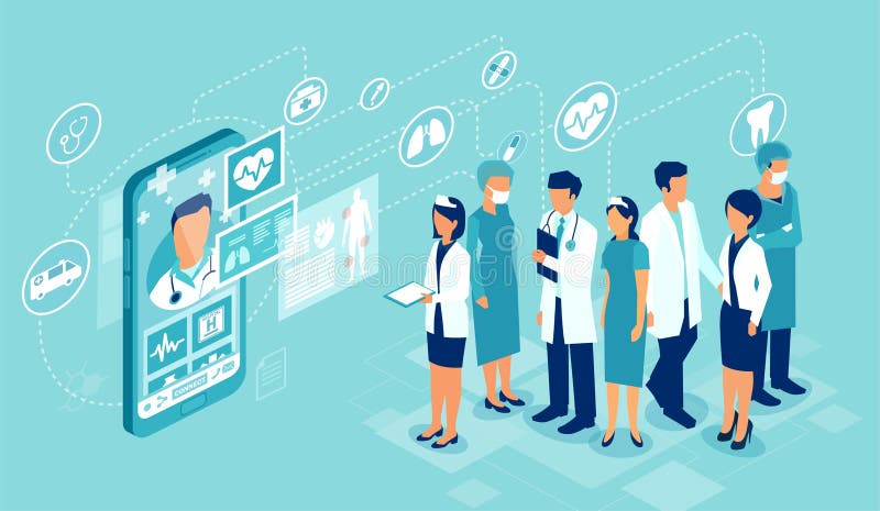 Vektor des Berufsärzteteams online angeschlossen an einen Patienten, der eine medizinische Beratung gibt stock abbildung Vektor des Berufsärzteteams online angeschlossen an einen Patienten, der eine medizinische Beratung gibt stock abbildung