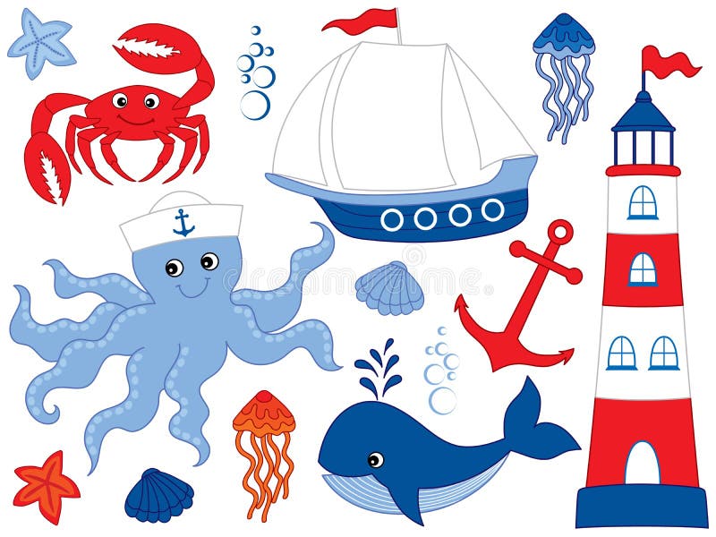 Vektor eingestellt mit Marine Animals und Gegenständen stock abbildung Vektor eingestellt mit Marine Animals und Gegenständen stock abbildung