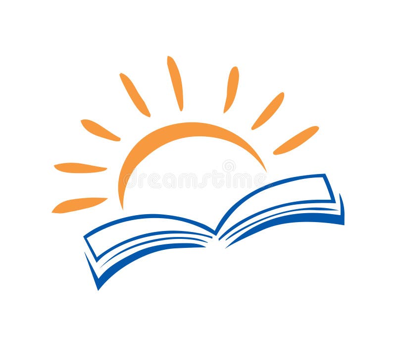 Vektor för bok- och sollogosymbol Utbildningslogo stock illustrationer