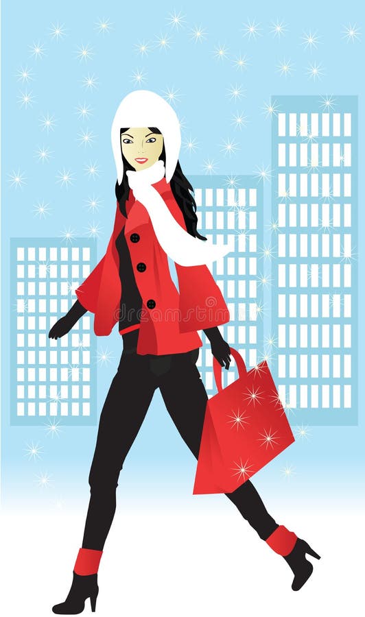 Flicka som handlar inför julen, Vektor stock illustrationer