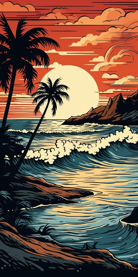 Vektor för linjeformning för vintage linocut-format på strand illustrerar detaljerad design stock illustrationer